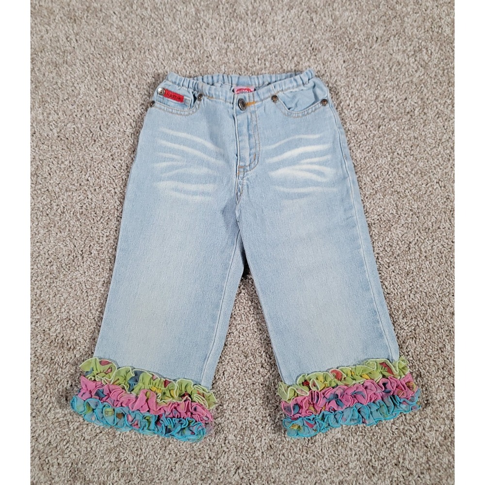 Vintage Y2K Girls Jeans Size 5 Blue Straight Ruffle Light Wash Denim Whisker